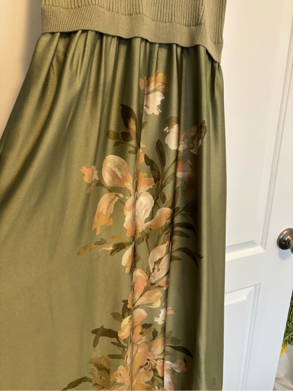 Womens Olive Green Floral Knit-Top Maxi Dress - Picture 2 of 4